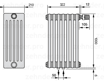 Схема (чертеж) Радиатор Zehnder Charleston 6100/7 №V008 Белый глянцевый RAL 9016